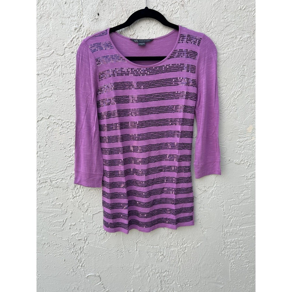 Armani Exchange AX Purple Sequin Striped Slub Knit 3/4 Sleeve Top Small